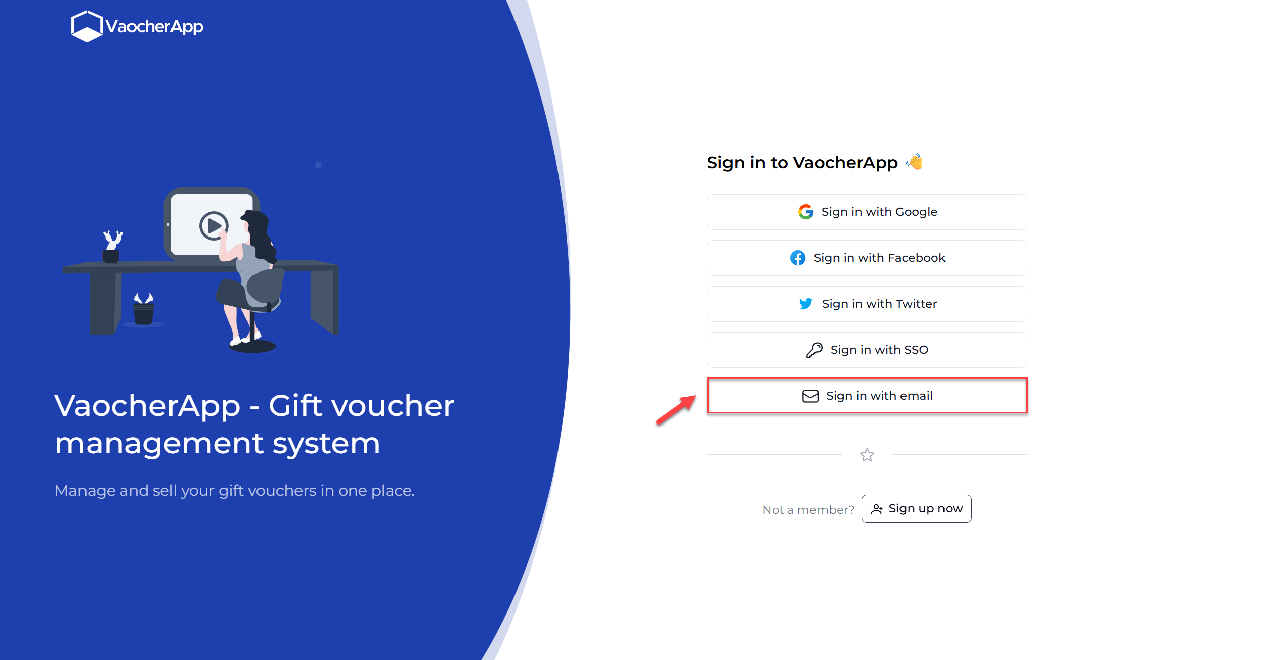 VaocherApp login page sign in with email
