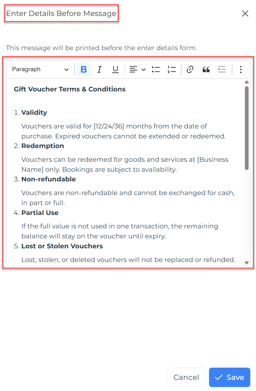 Enter details before message terms and conditions