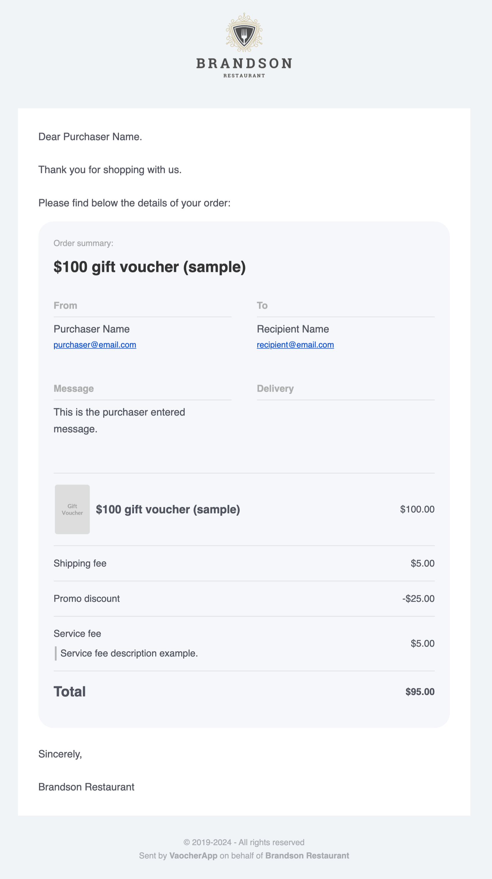 Sample Receipt Email