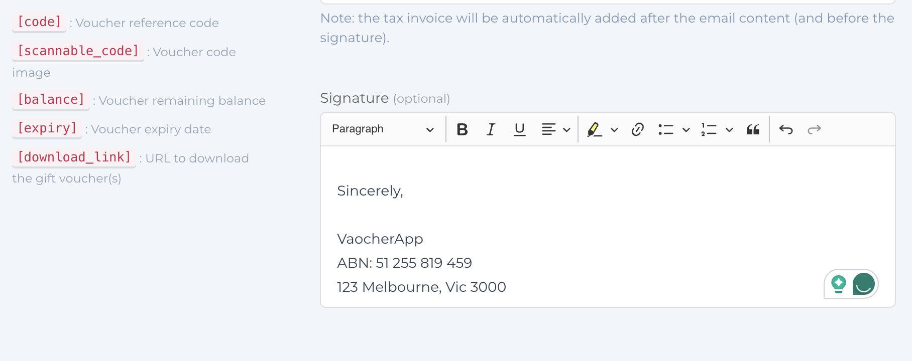 Adding your business details to the signature section