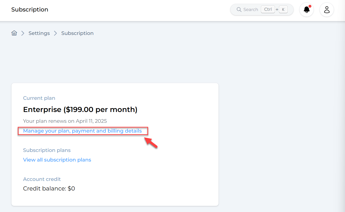 Manage your plan, payment and billing details