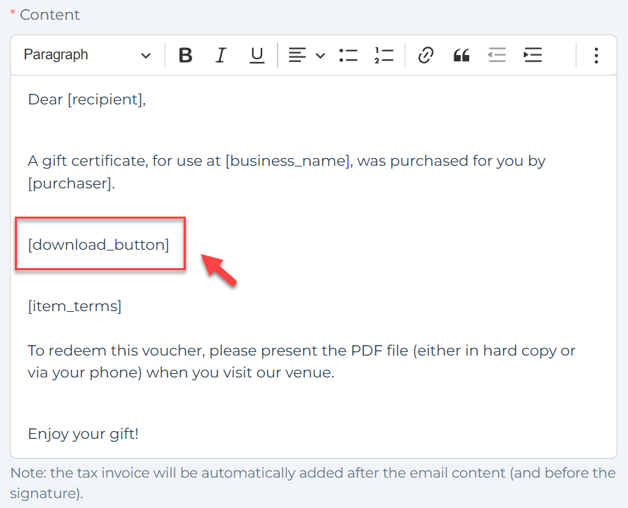 Editing the download button label in the email template using the shortcode
