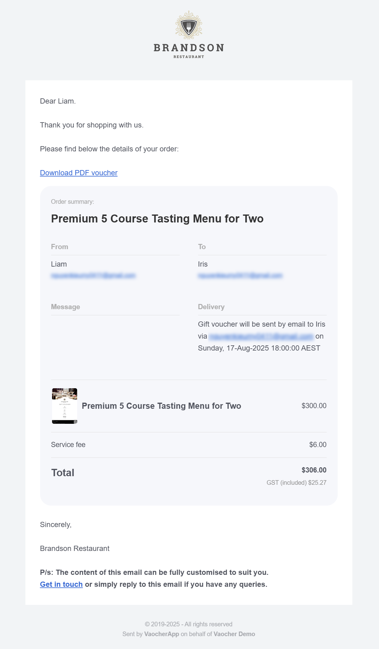 Example of gift card purchaser confirmation email