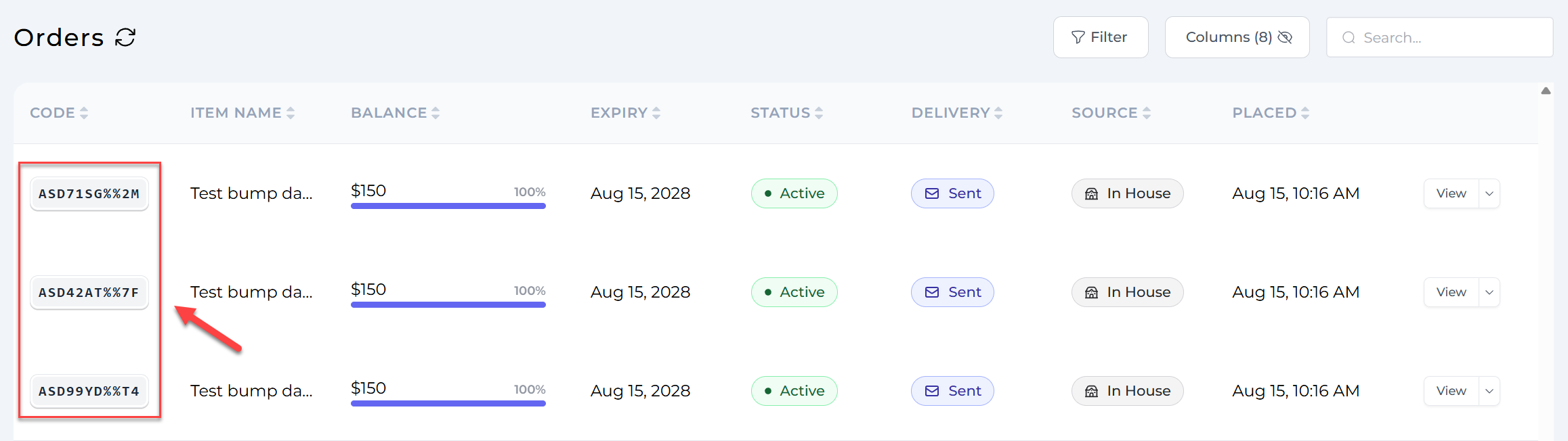Orders page showing linked orders