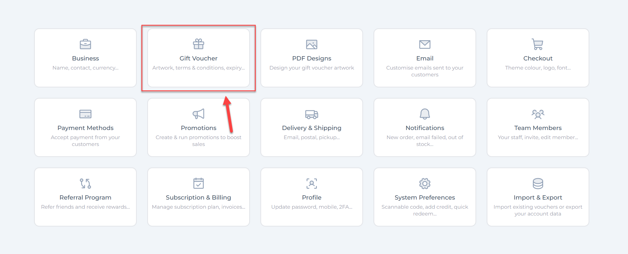 Select gift voucher settings