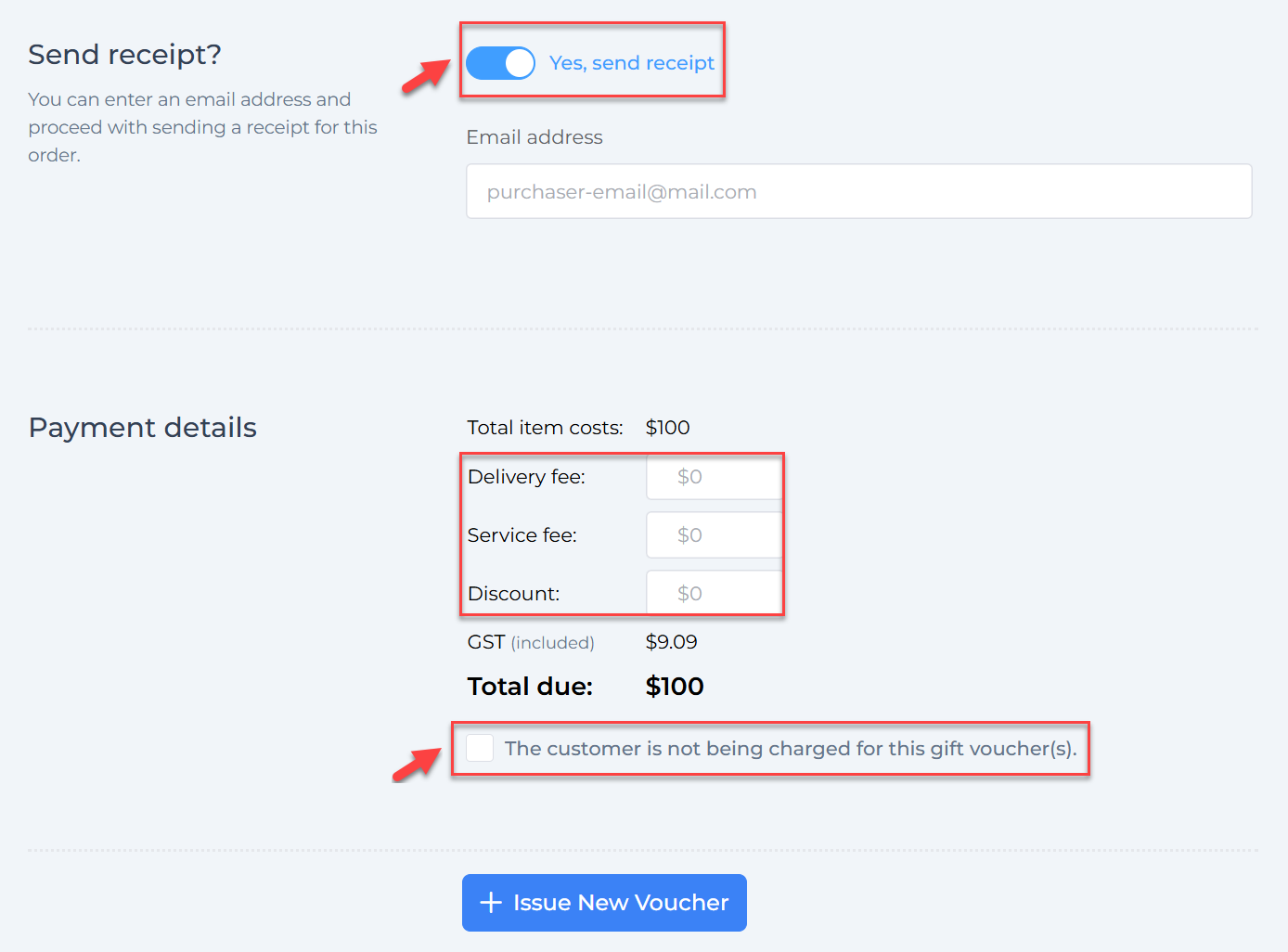 Payment details section with complimentary voucher checkbox