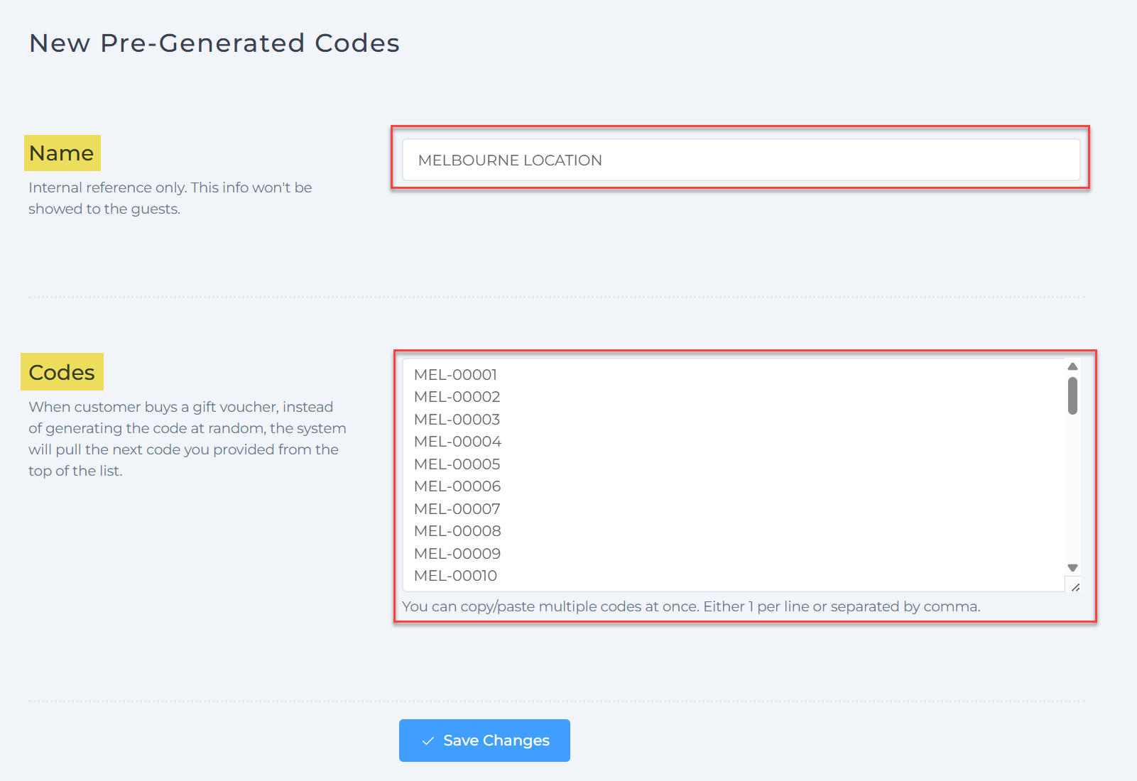Paste pre-generated voucher codes