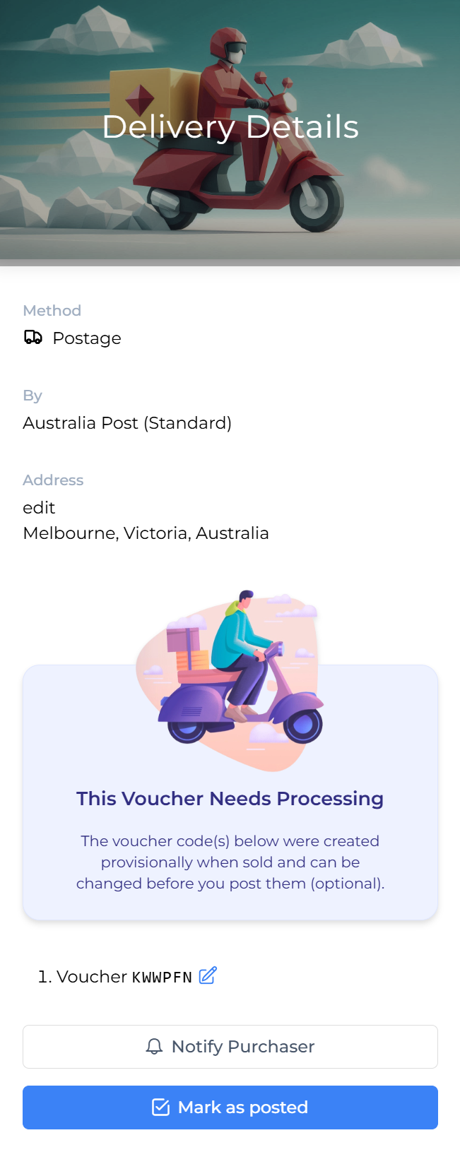 Voucher delivery details include postage method and address