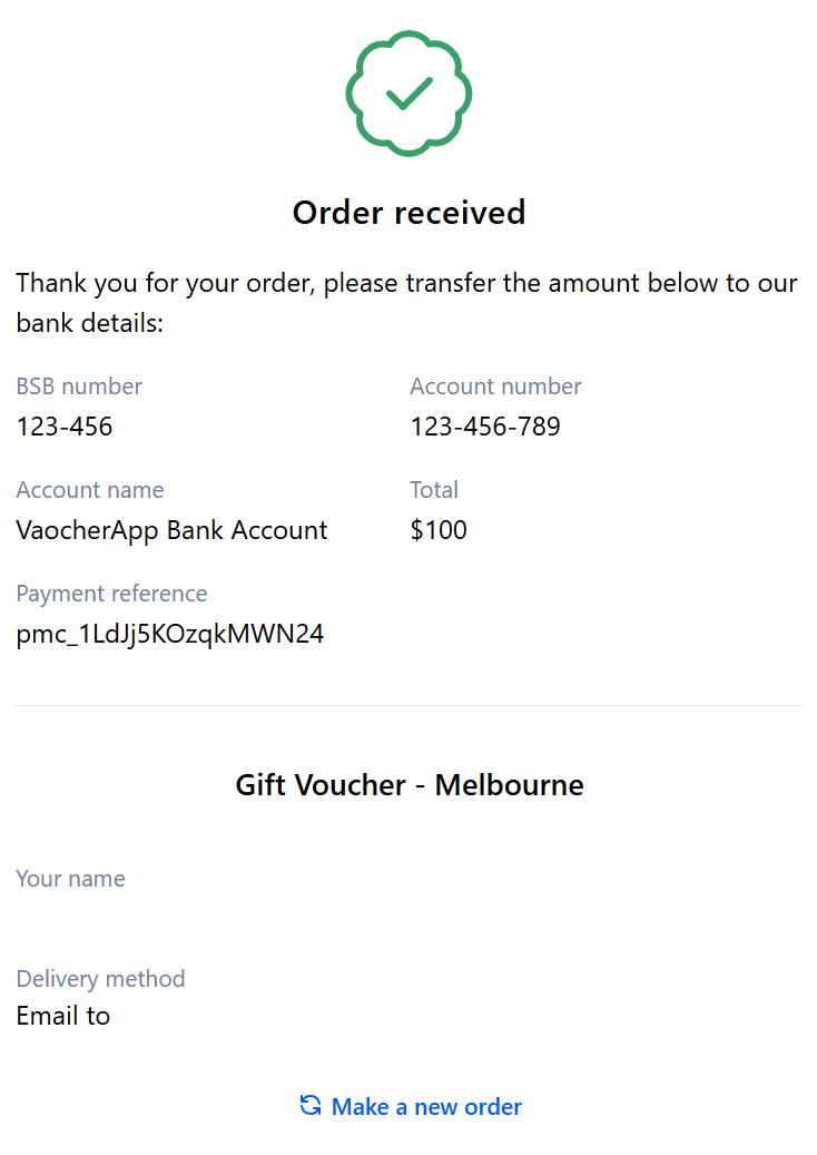 Offline payment instructions shown to customer