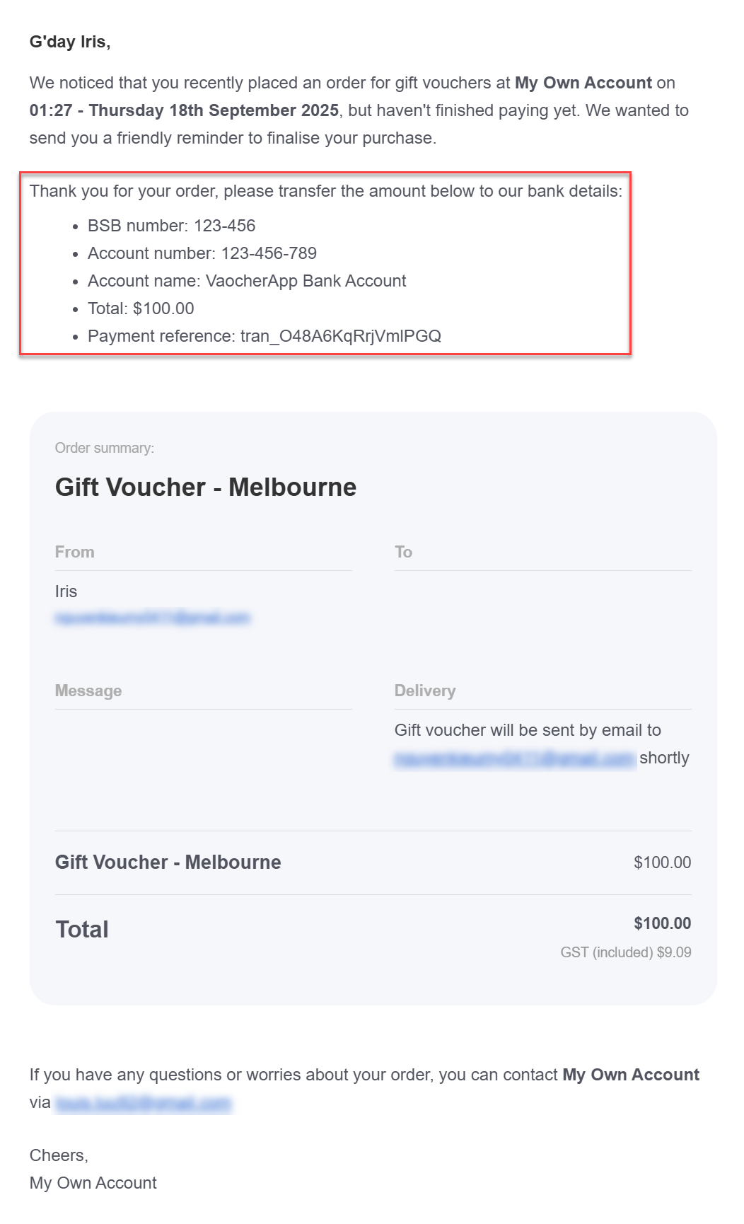 Offline payment instructions sent via email