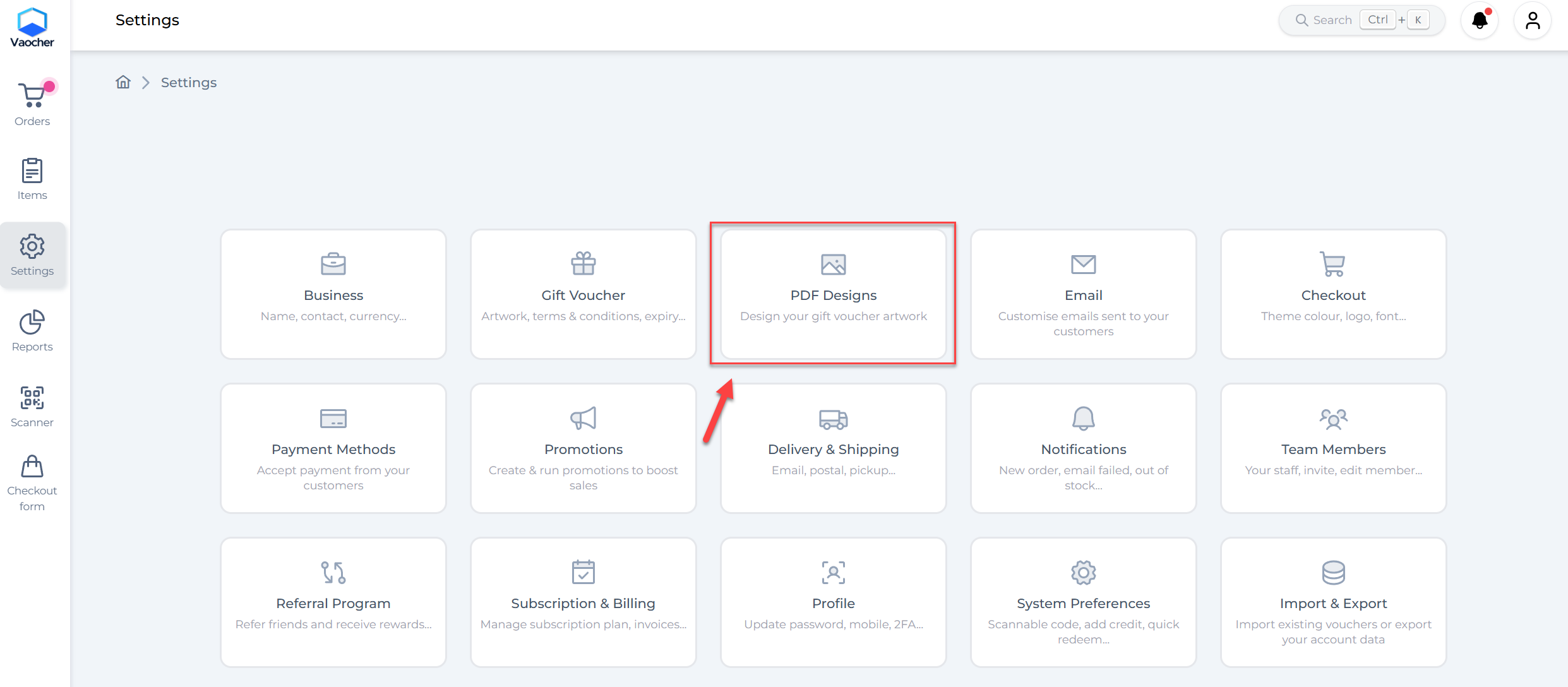 Access PDF Design in VaocherApp Settings