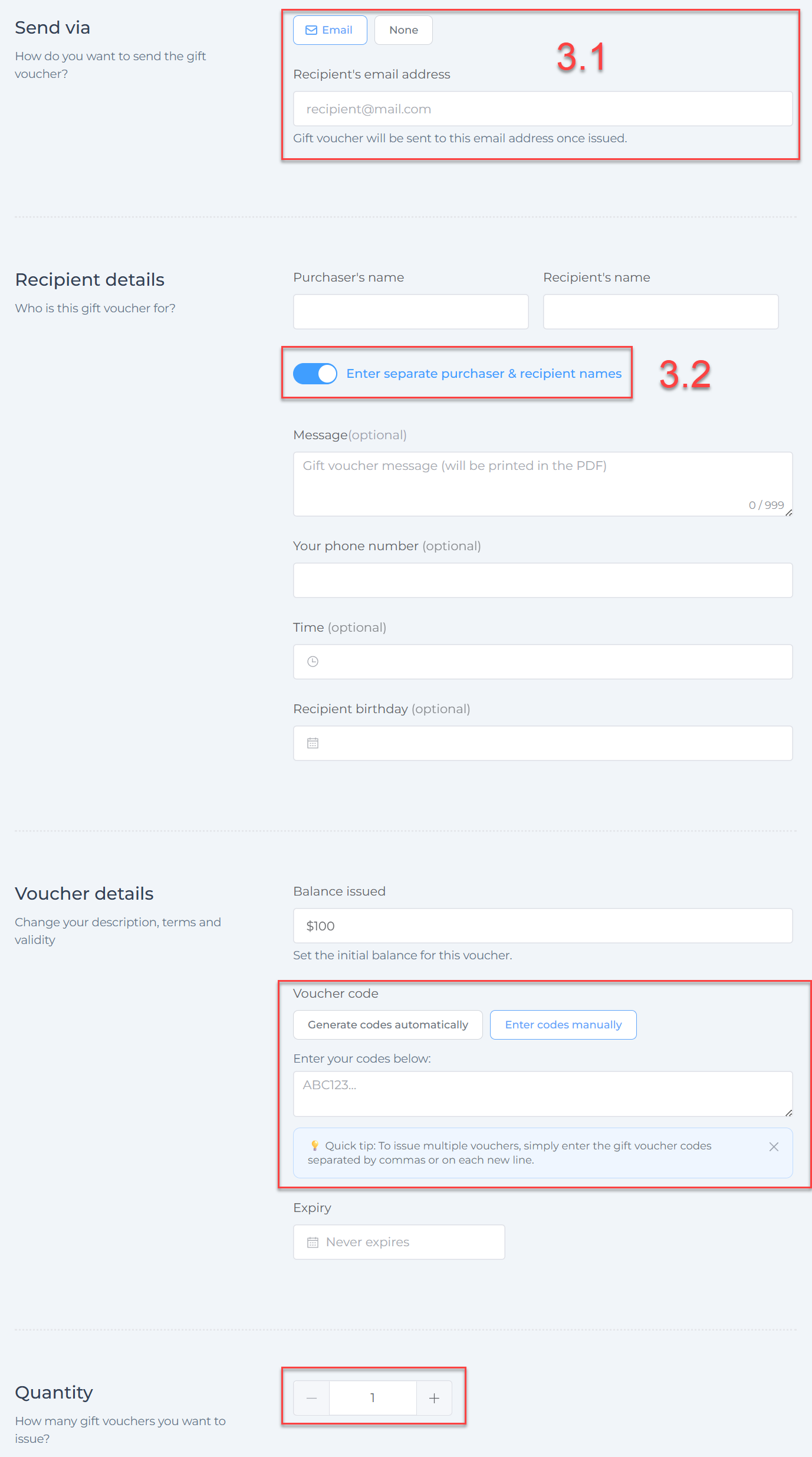 Voucher details form with purchaser toggle, send via options, manual voucher code entry, and quantity selector