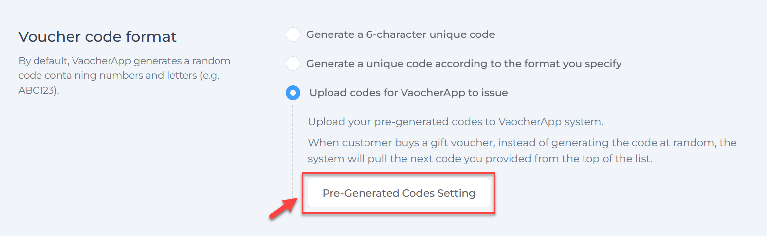 Pre-generated codes setting in VaocherApp