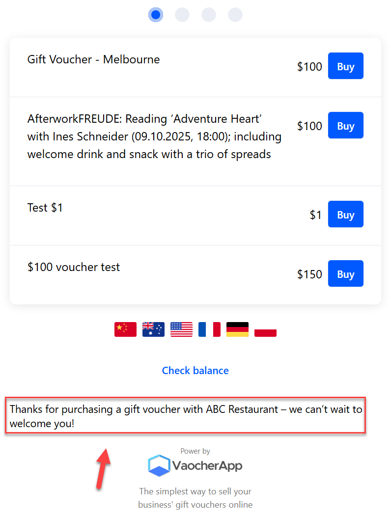 Example of global message displayed in VaocherApp checkout
