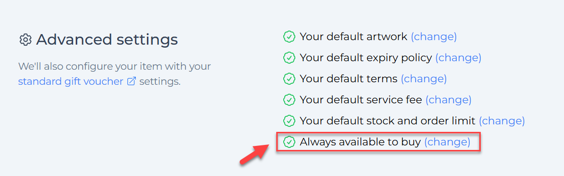 Advanced settings section showing 'Always available to buy (change)'