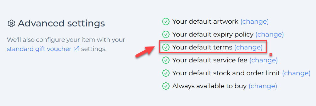 Change your default terms in item settings