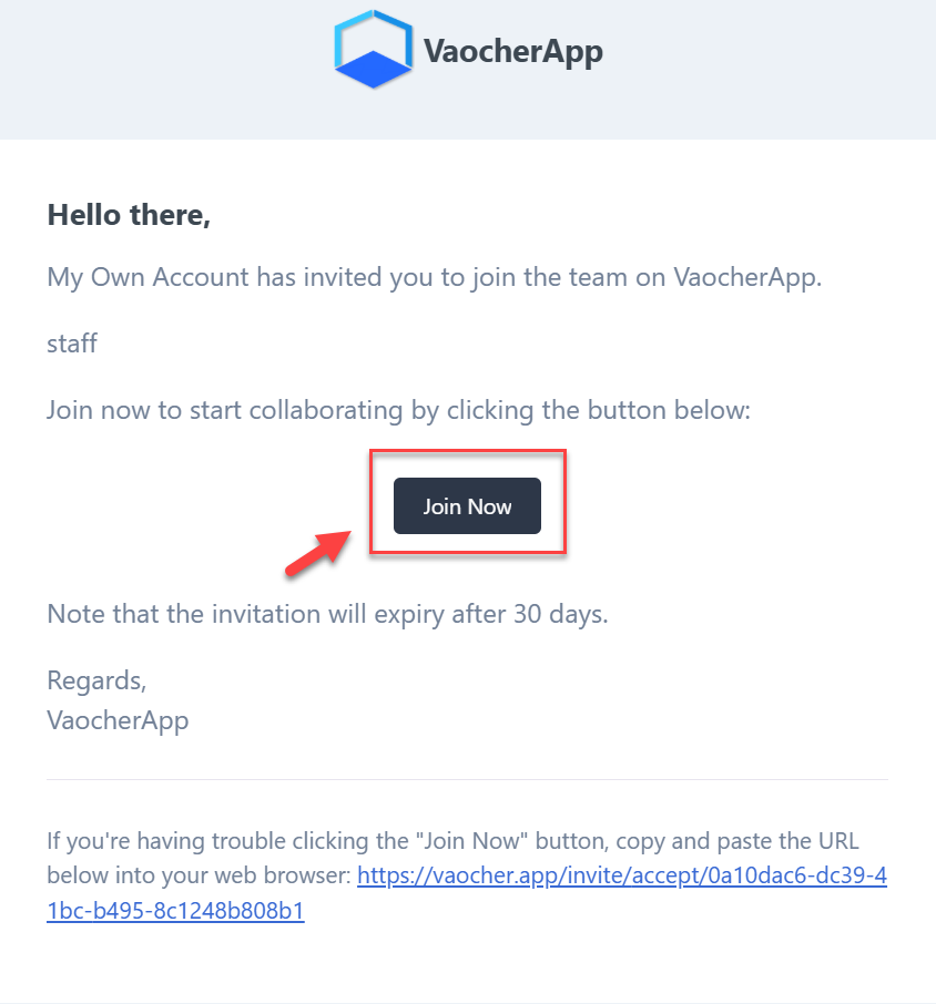 VaocherApp team member invitation email