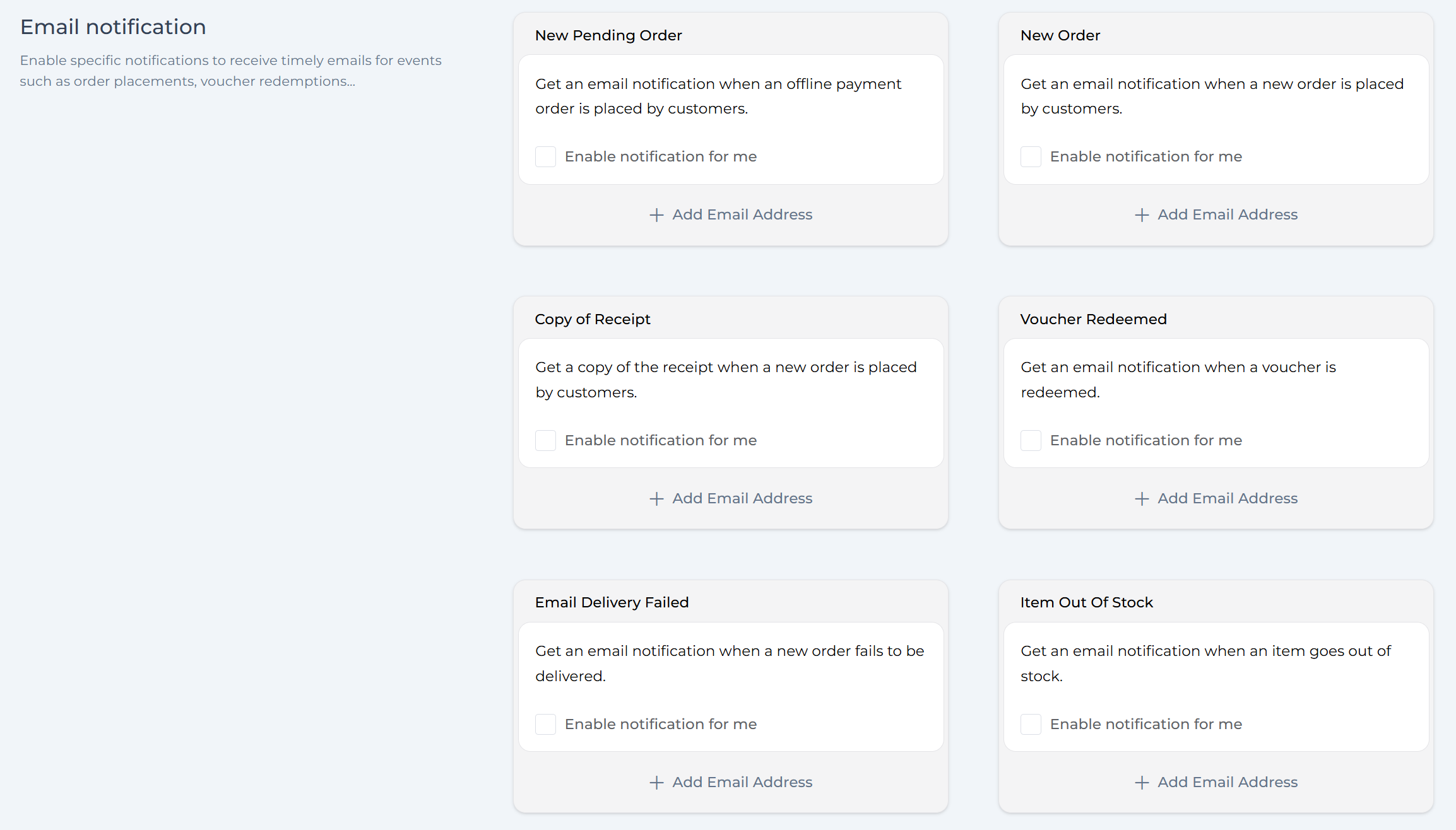 Notification types available for enabling in VaocherApp