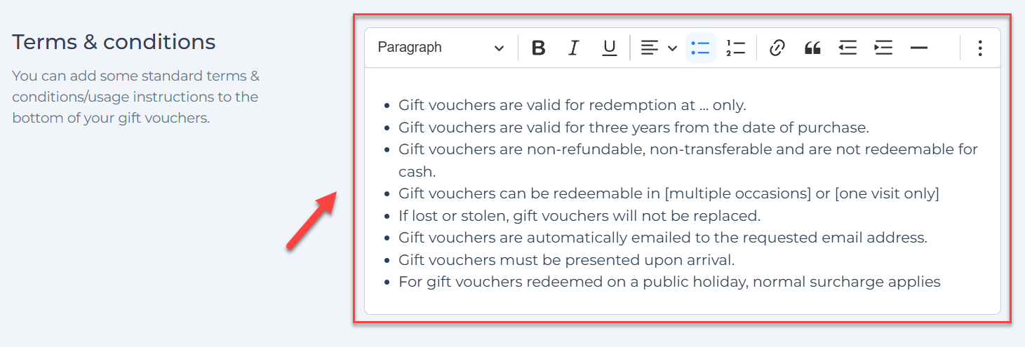 Global Terms & Conditions input box in Gift Voucher Settings