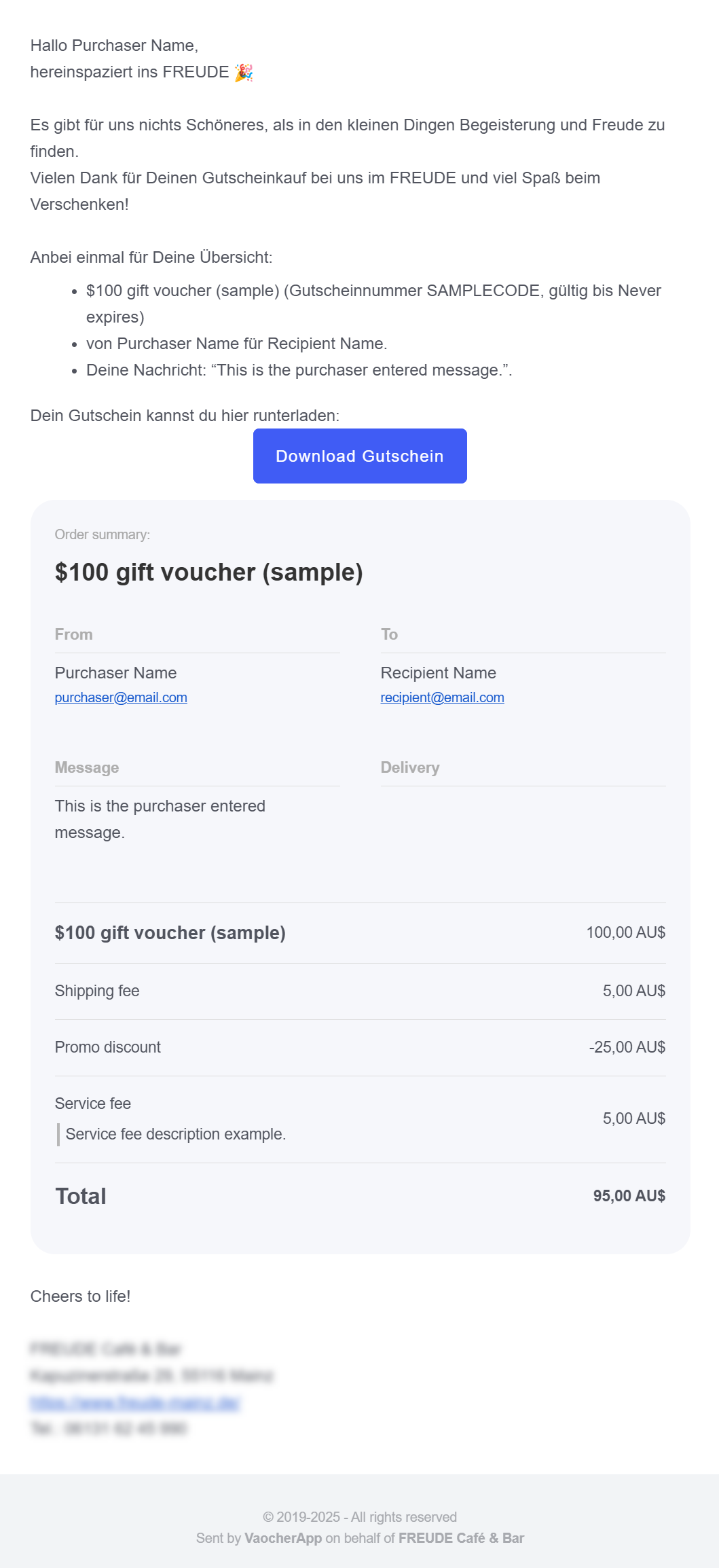 Example of German gift voucher confirmation email