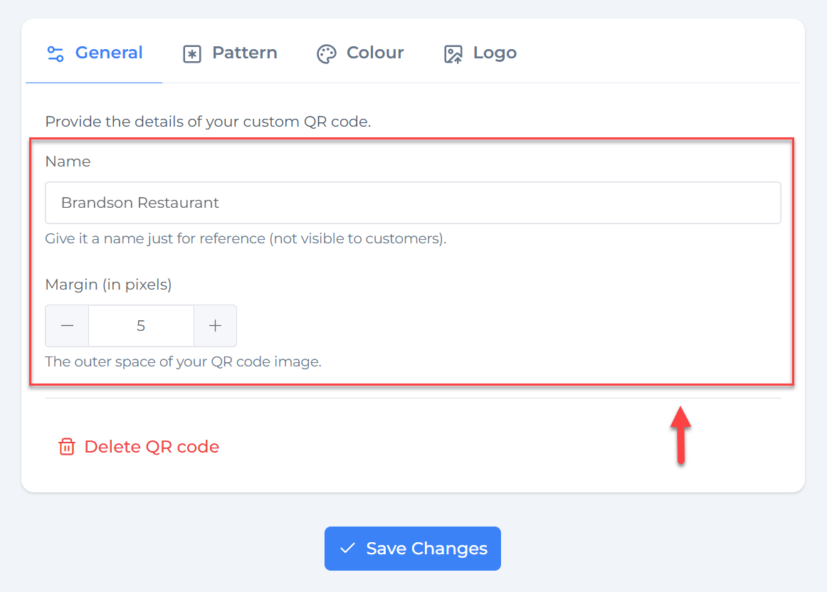 General settings for custom QR code including name and margin