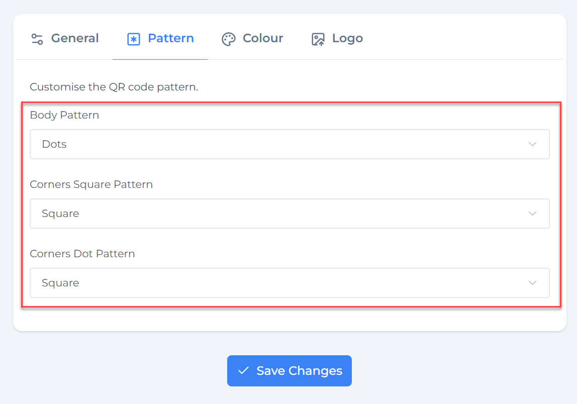 Pattern settings for body dots, corner squares, and corner dots