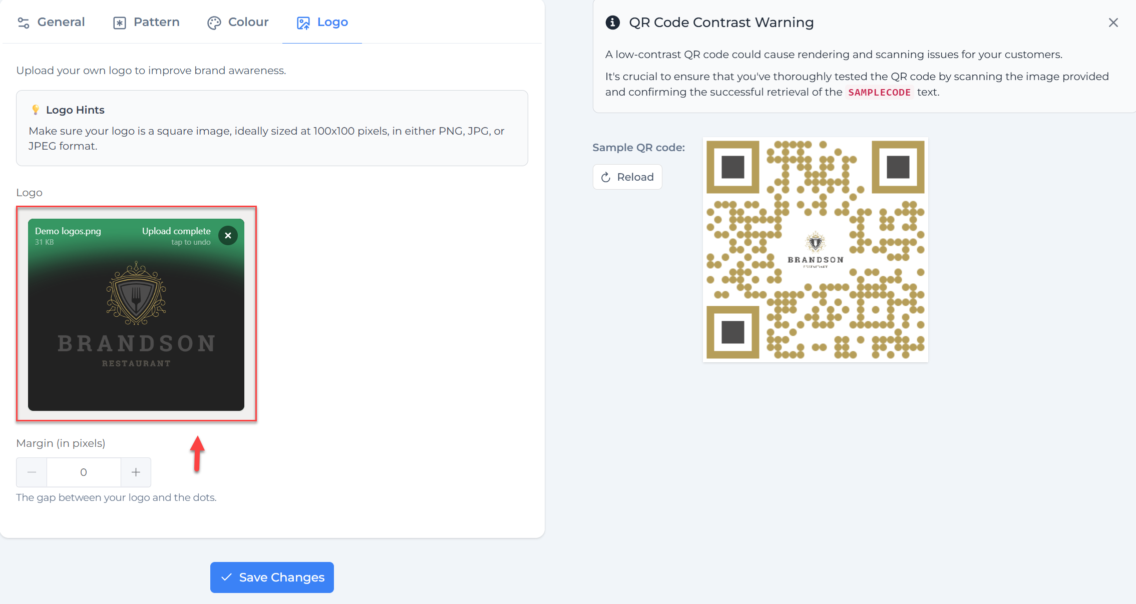 Uploading logo for custom QR code and margin adjustment