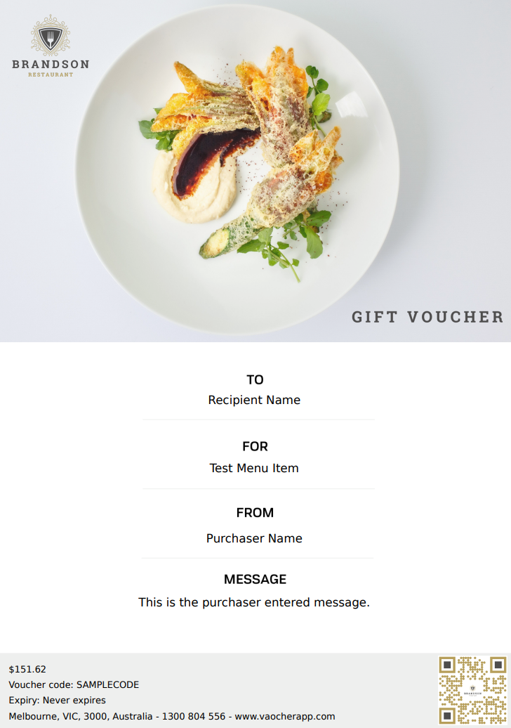 Example of customised QR code with business logo on PDF voucher