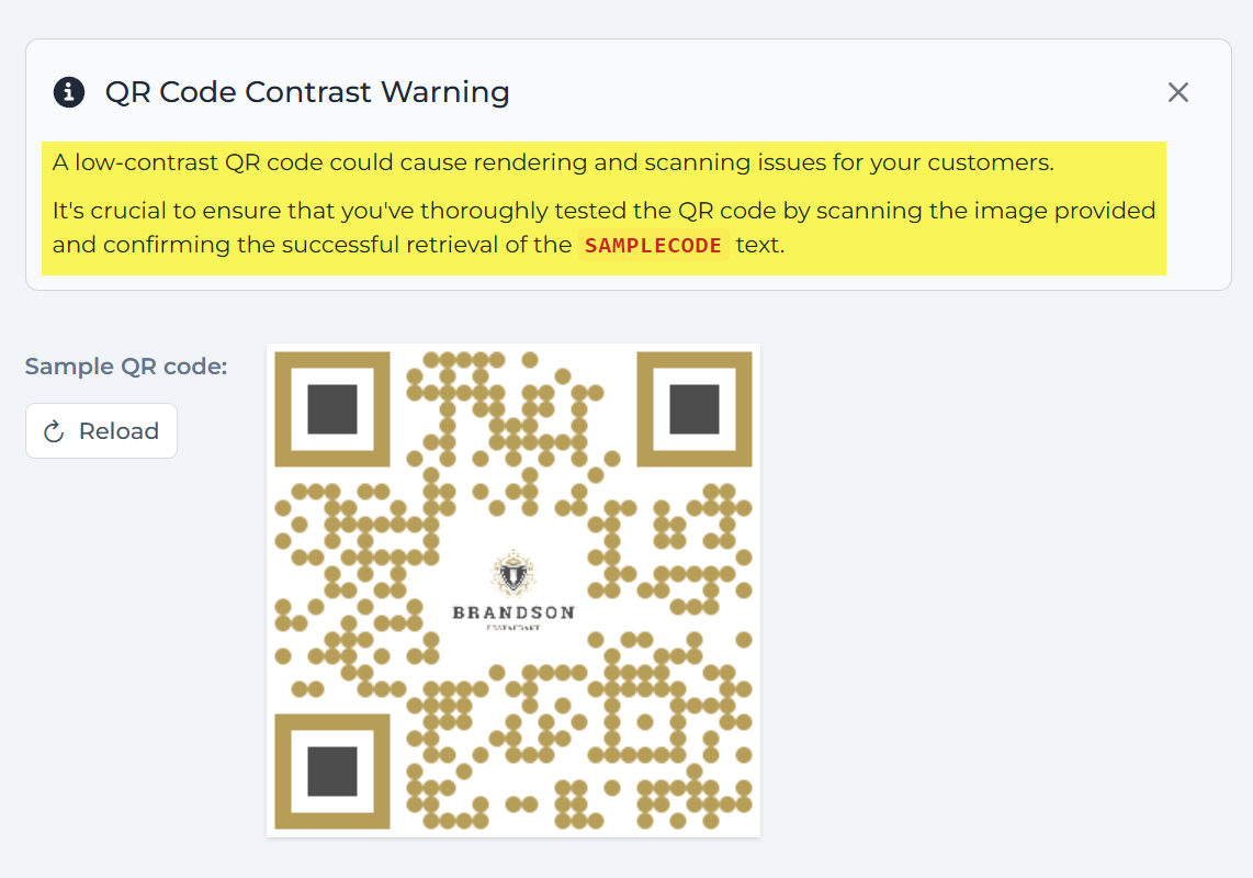 QR Code contrast warning with live preview
