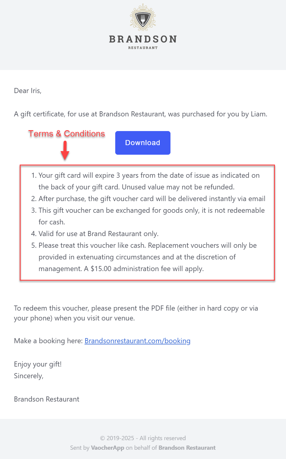 Sample voucher email showing terms and conditions