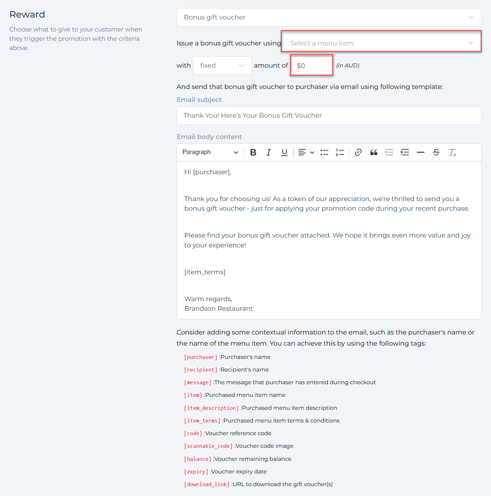 Bonus voucher email customization