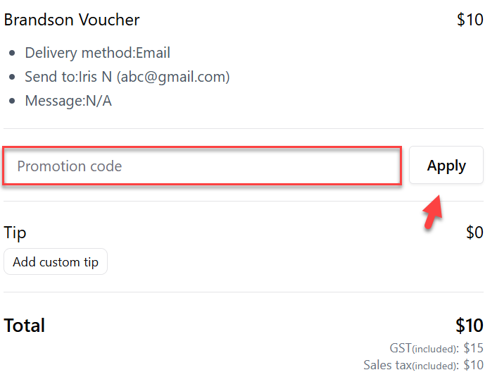 Promotion code entry and apply button in checkout