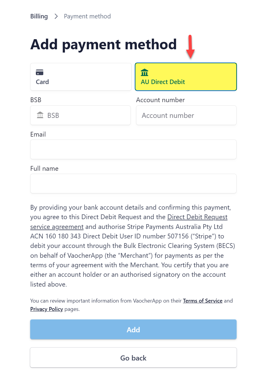Direct Debit bank details entry form