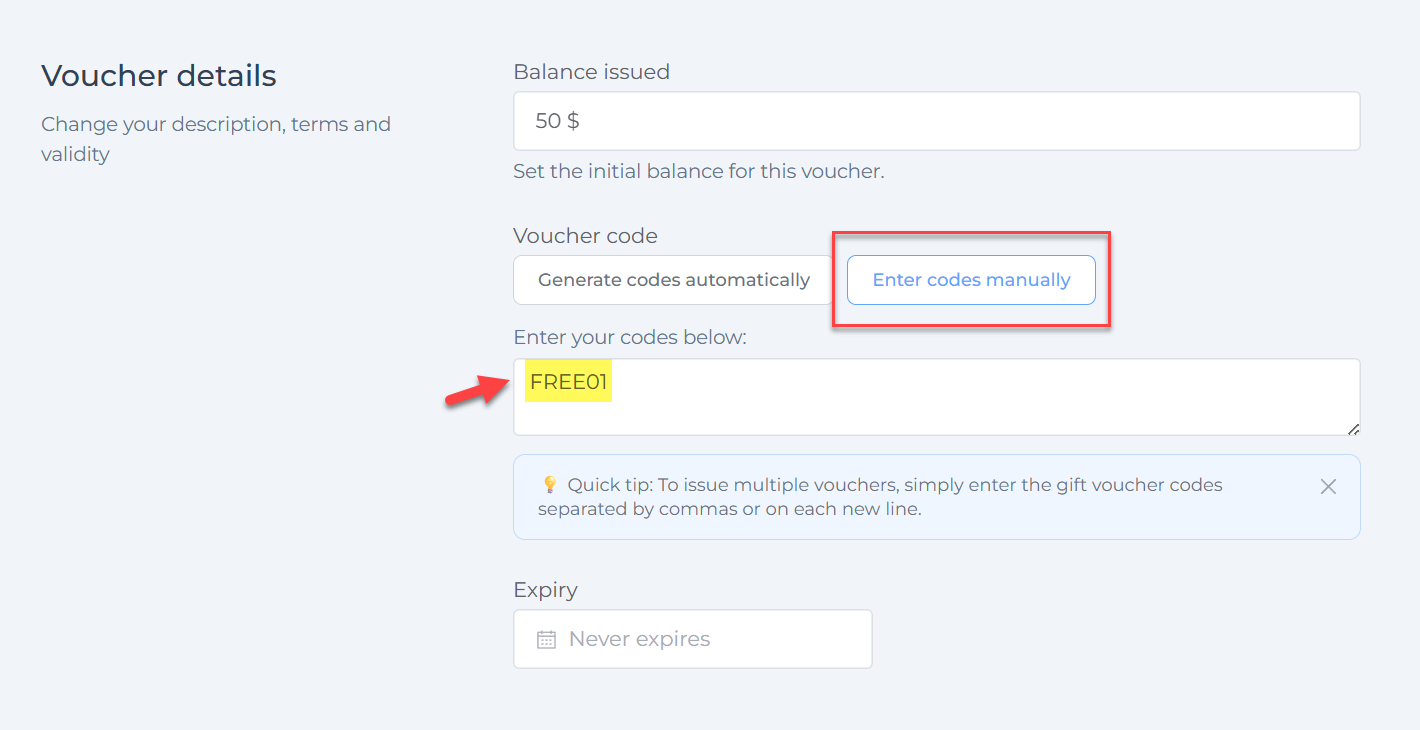 Enter voucher codes manually