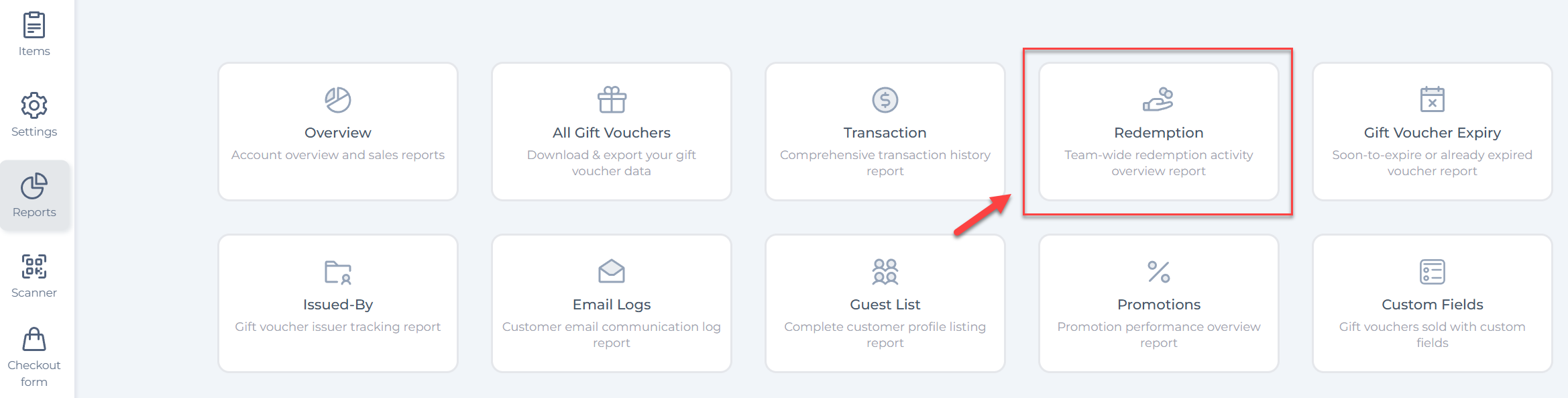 Accessing the redemption report from the VaocherApp reports menu