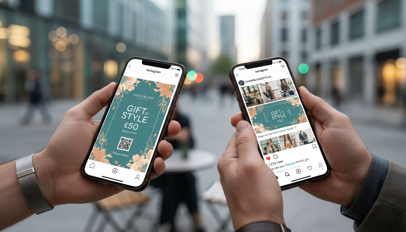 Hands displaying digital gift vouchers and social media promotion.