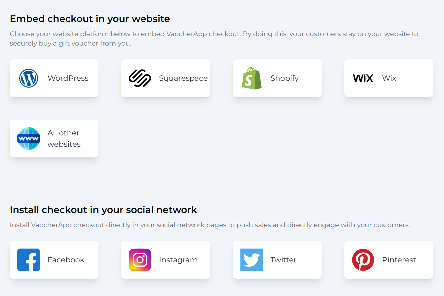 VaocherApp checkout installation page showing embed options
