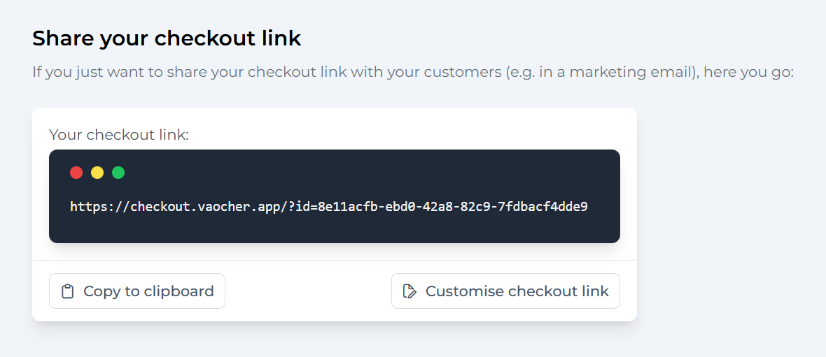 Checkout link displayed in the VaocherApp dashboard