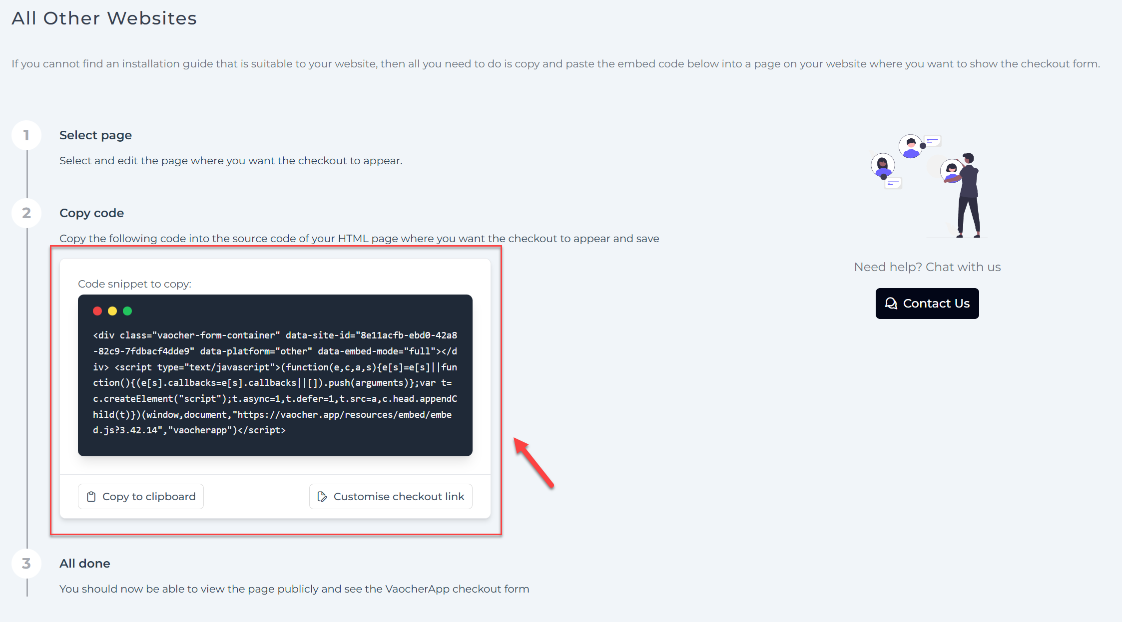Embedding the VaocherApp checkout form code into a website page