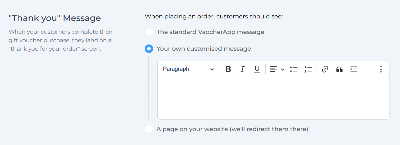 Thank you message options