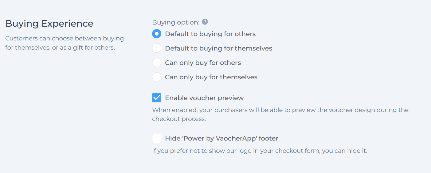 Buying experience settings