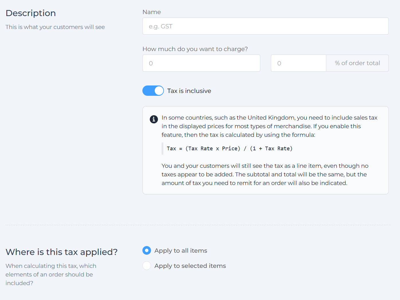Sales taxes settings