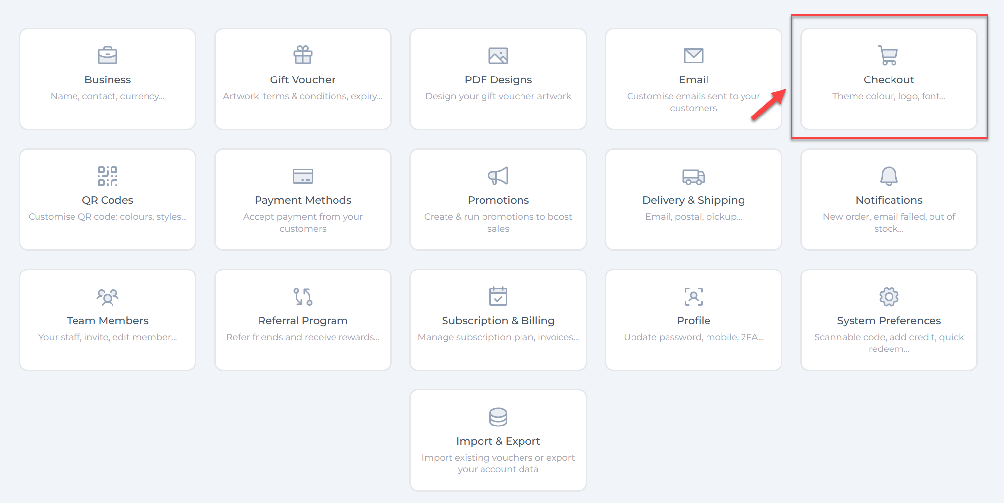 Checkout settings page in VaocherApp