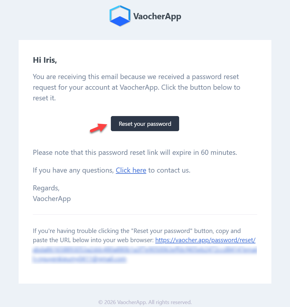 Reset password email VaocherApp