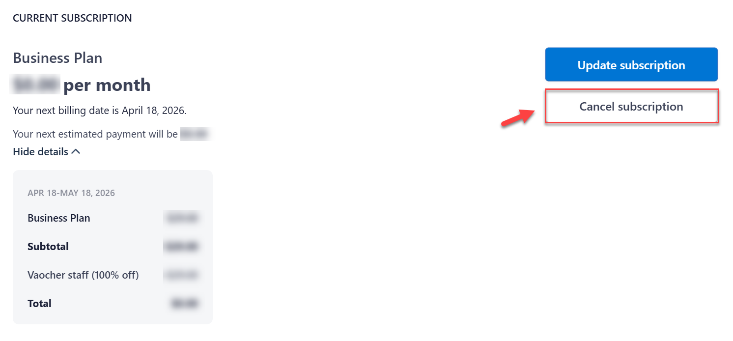 Cancel subscription button VaocherApp