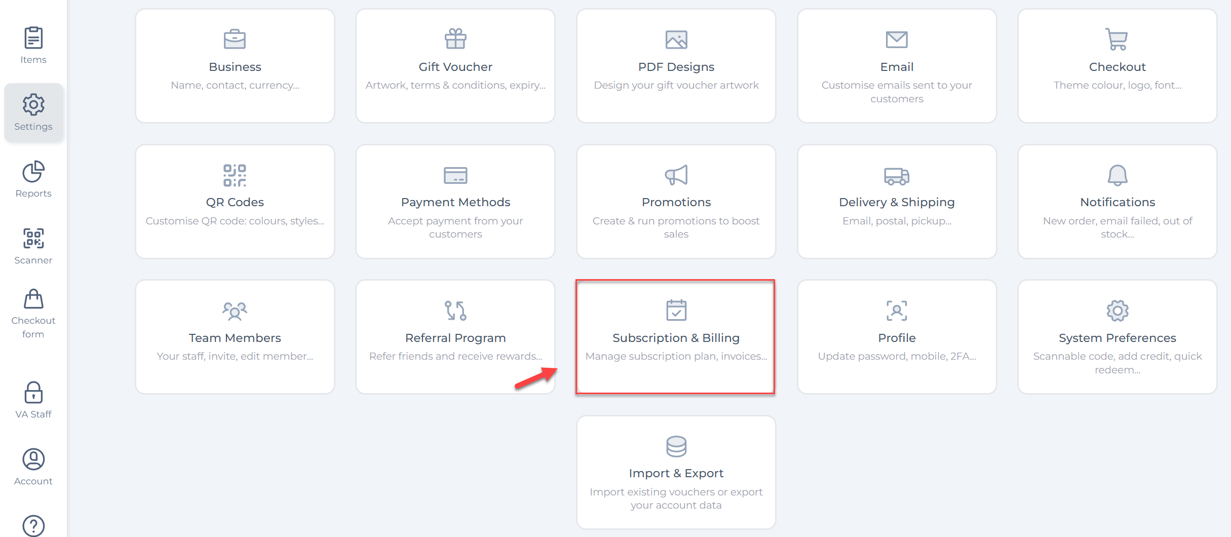 Go to subscription and billing VaocherApp