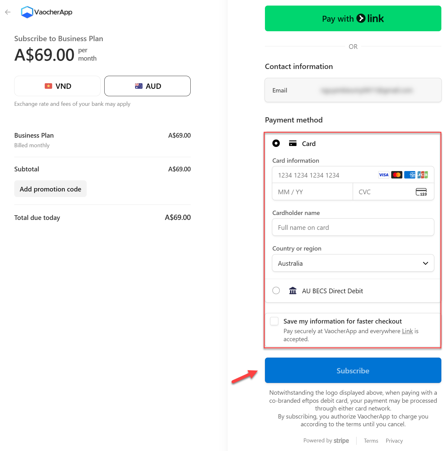 Stripe checkout payment VaocherApp subscription