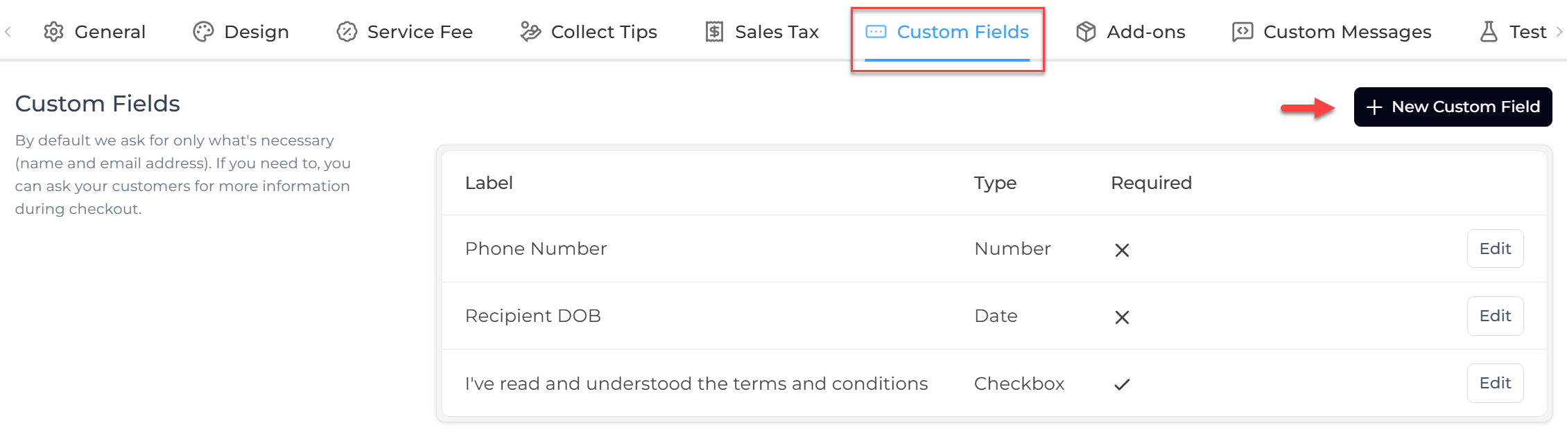Checkout settings custom fields VaocherApp