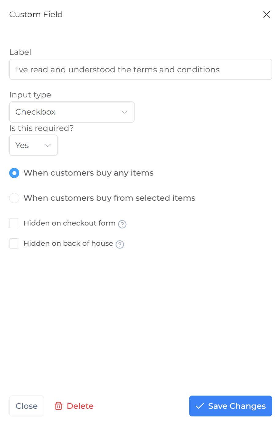 Add terms and conditions checkbox custom field