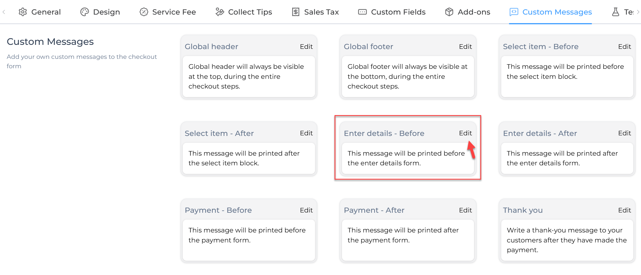 Custom messages settings VaocherApp checkout
